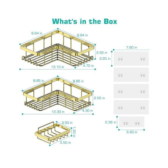 Gold Corner Shower Caddy Shelf Set Adhesive Rustproof Wall-Mounted 3-Tier Organi - Picture 5 of 8